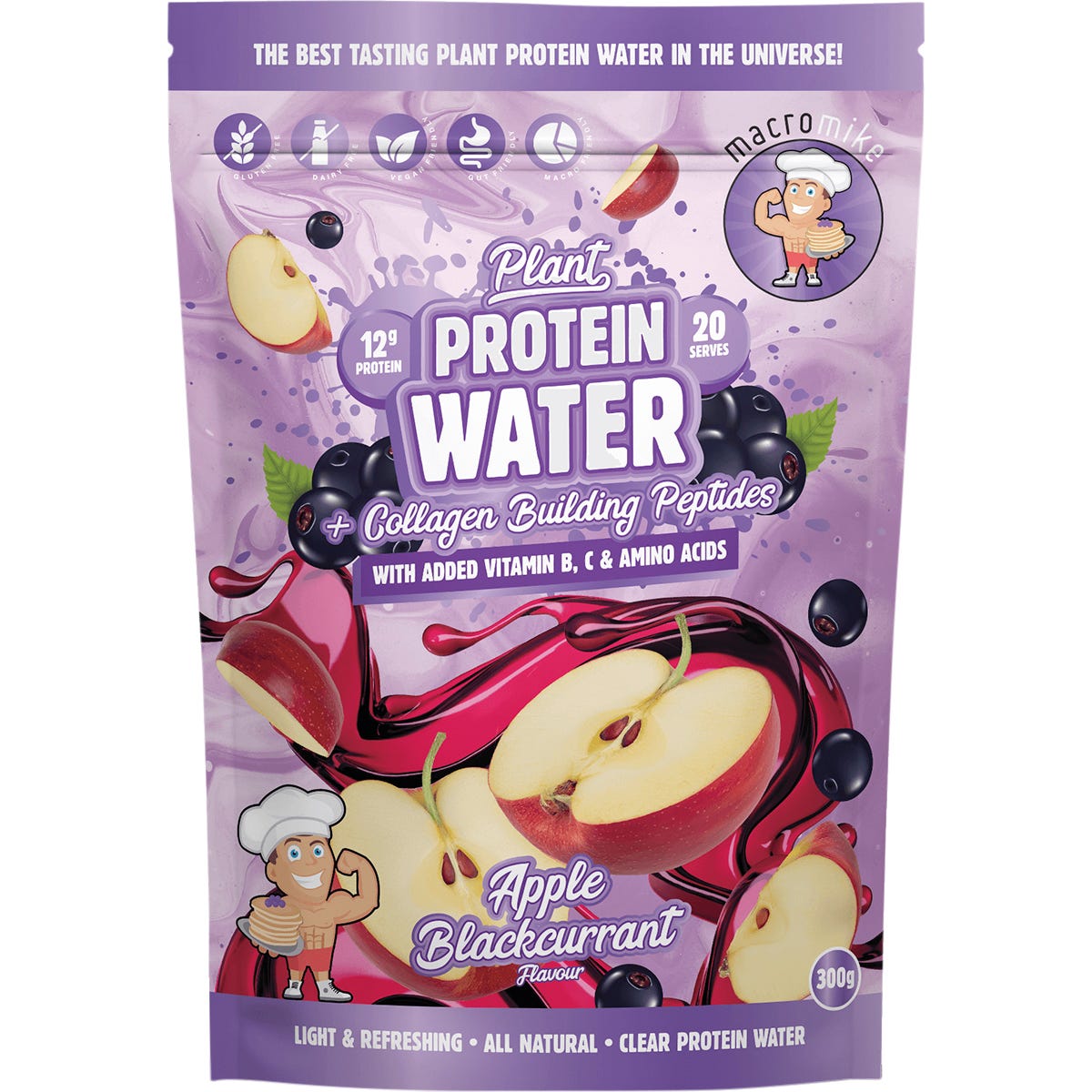 300g pouch of Macro Mike Apple Blackcurrant Plant Protein Water with a vibrant purple and green label.