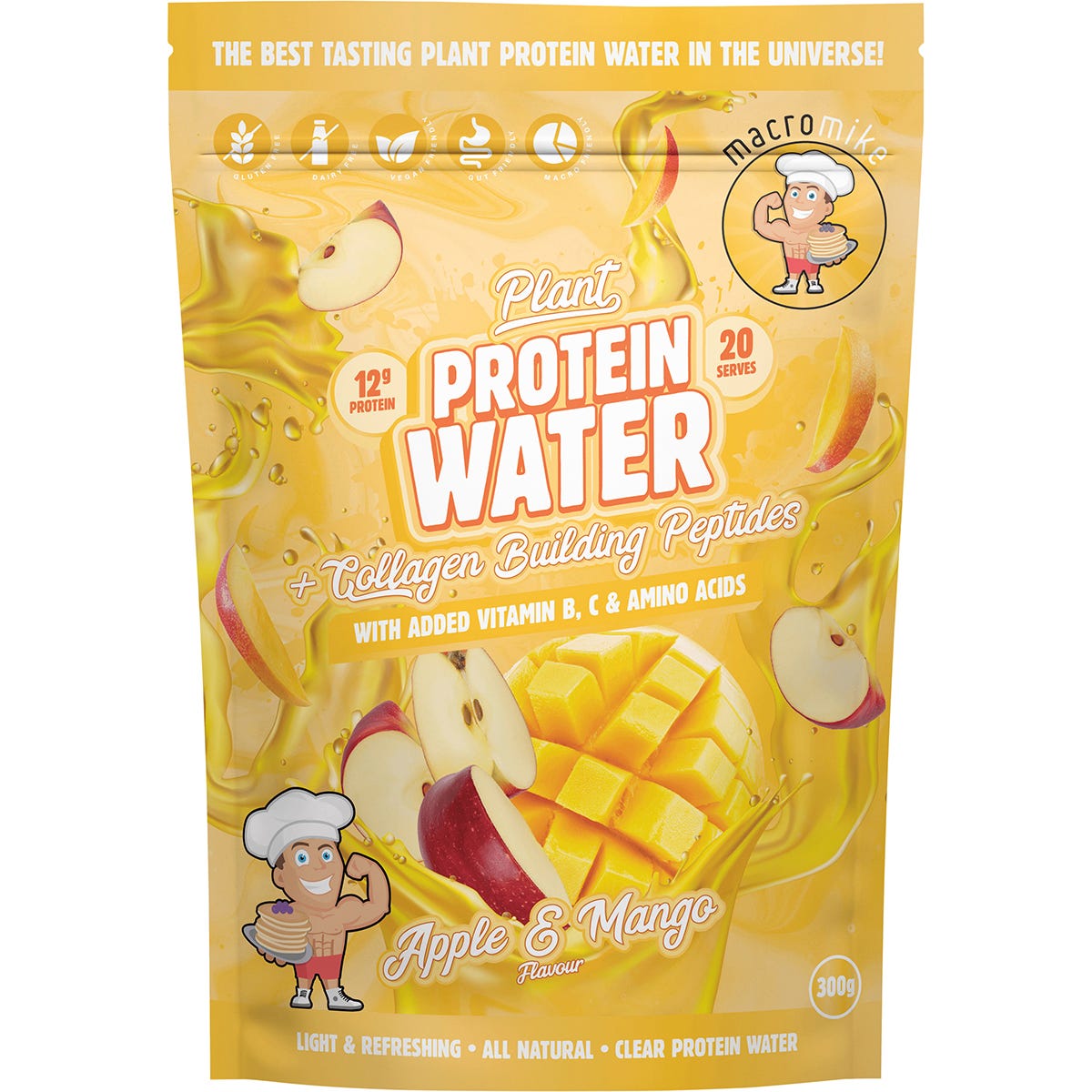 Macro Mike Apple and Mango Plant Protein Water 300g bag with a glass of clear yellow drink on a white background.