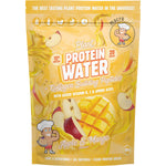 Macro Mike Apple and Mango Plant Protein Water 300g bag with a glass of clear yellow drink on a white background.