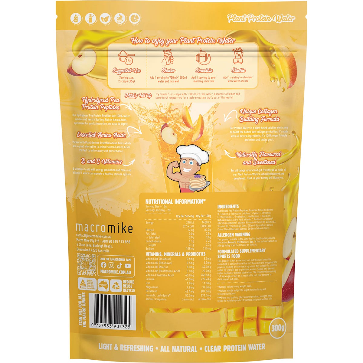 Macro Mike Apple and Mango Plant Protein Water 300g bag and nutritional information on a white background.