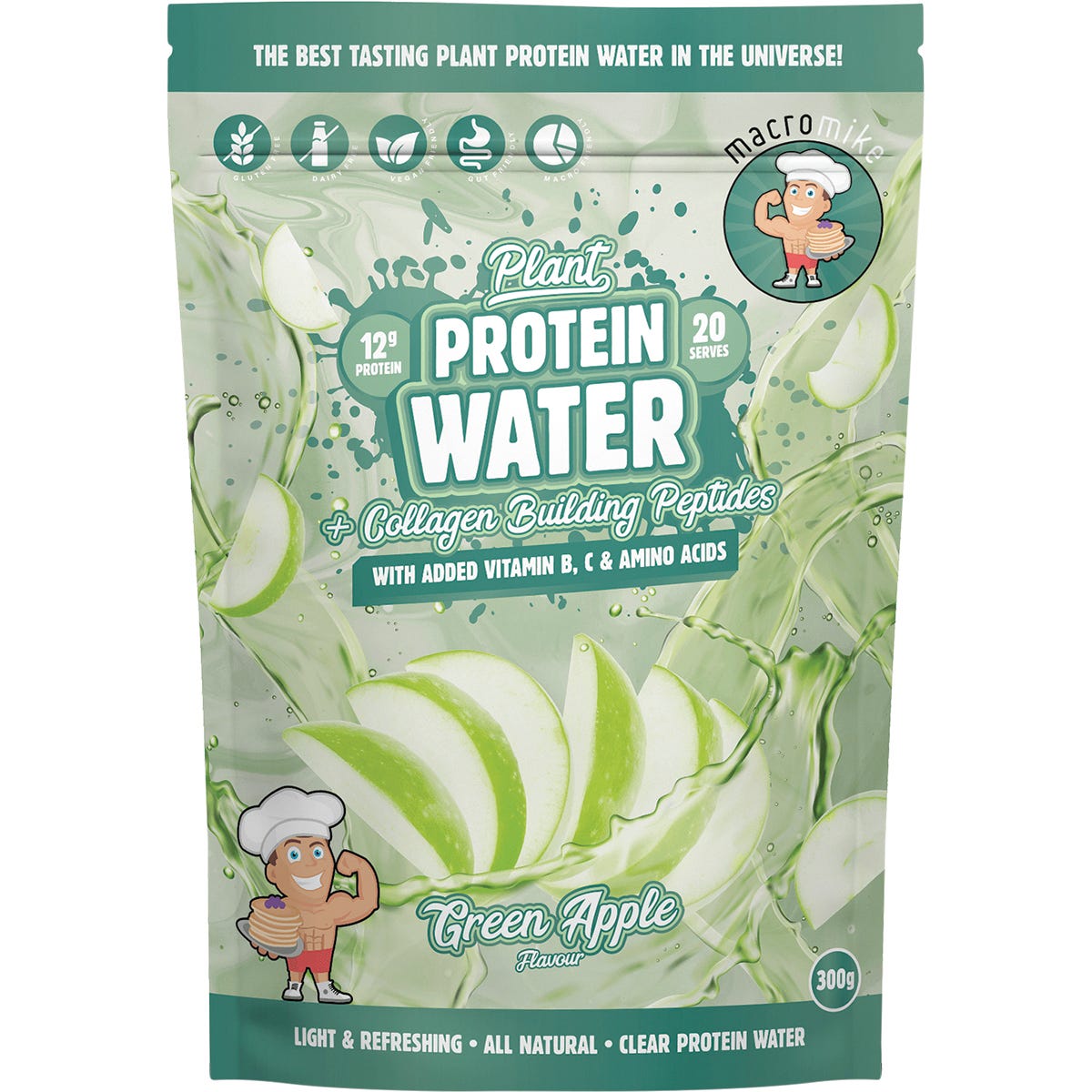 300g bag of Macro Mike Green Apple Plant Protein Water with a green apple illustration on a white background.