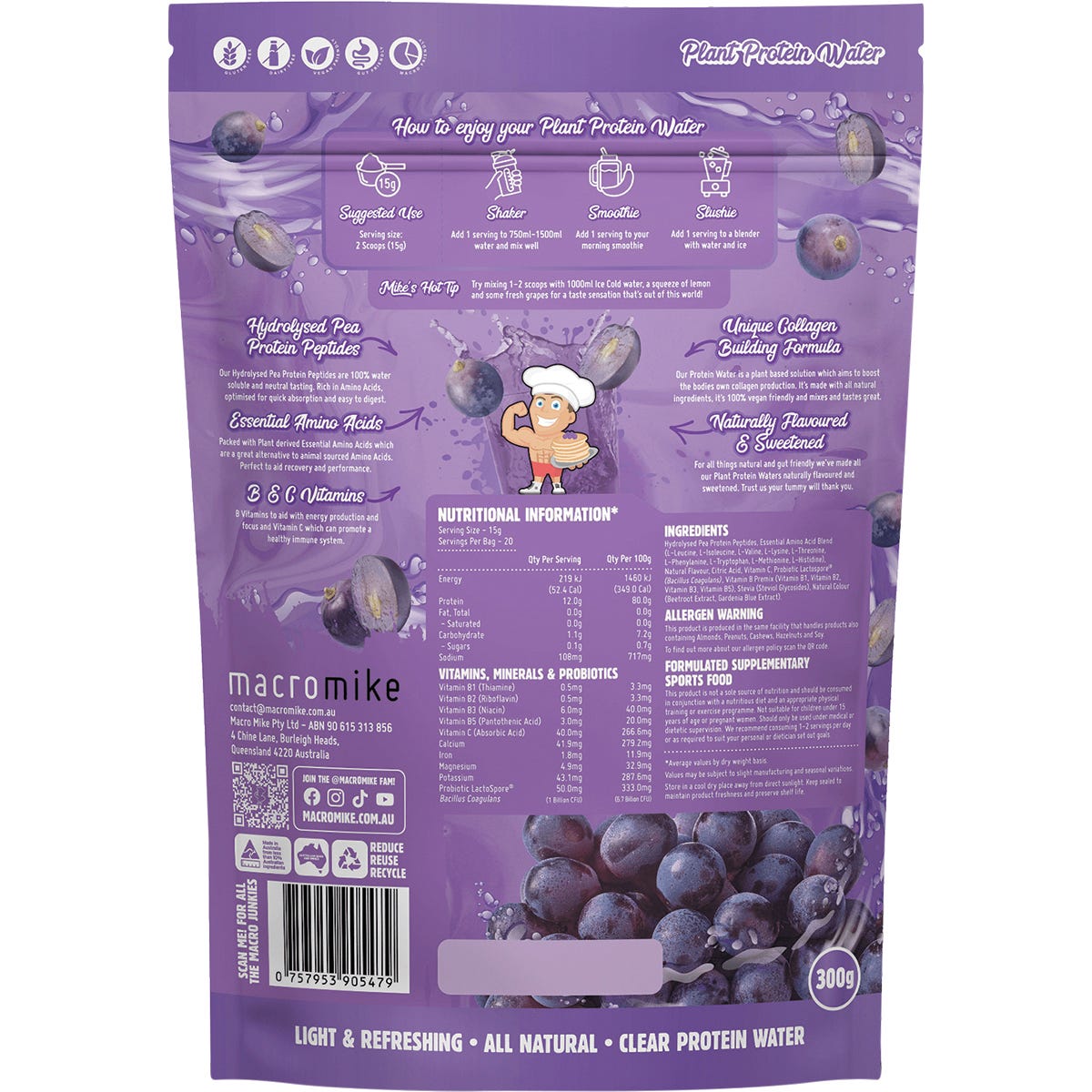 Macro Mike 300g bag of Juicy Grape Plant Protein Water shown at an angle on a white background.