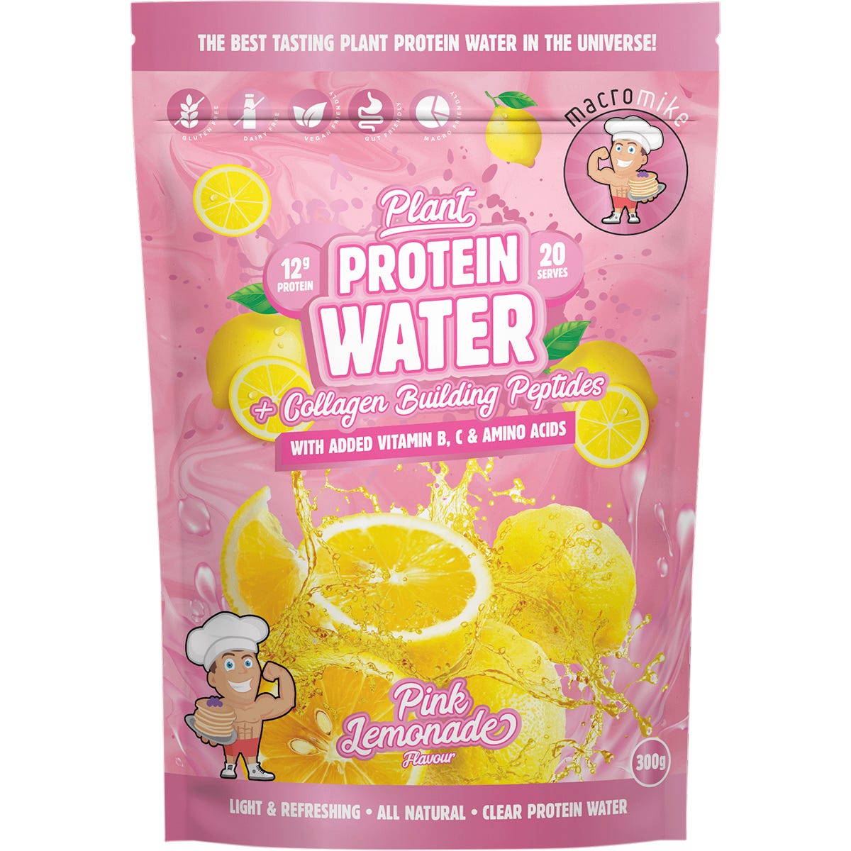 300g bag of Macro Mike Pink Lemonade Plant Protein Water on a white background with pink and yellow labels.