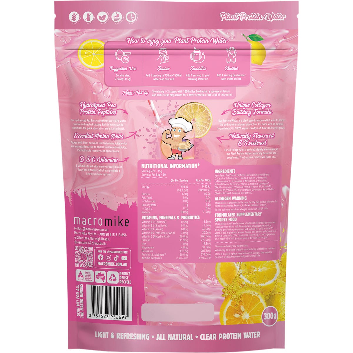 Macro Mike Pink Lemonade Plant Protein Water 300g bag on a white background with pink and yellow accents.