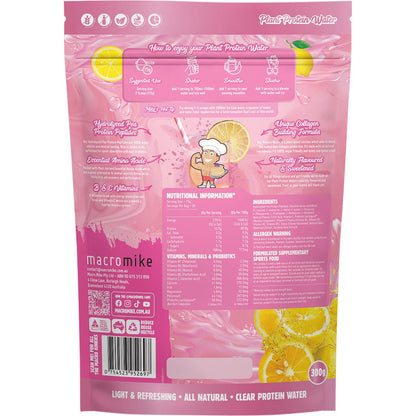 Macro Mike Pink Lemonade Plant Protein Water 300g bag on a white background with pink and yellow accents.