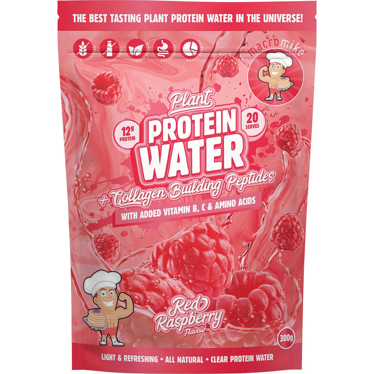 300g bag of Macro Mike Red Raspberry Plant Protein Water with a red and white label on a white background.