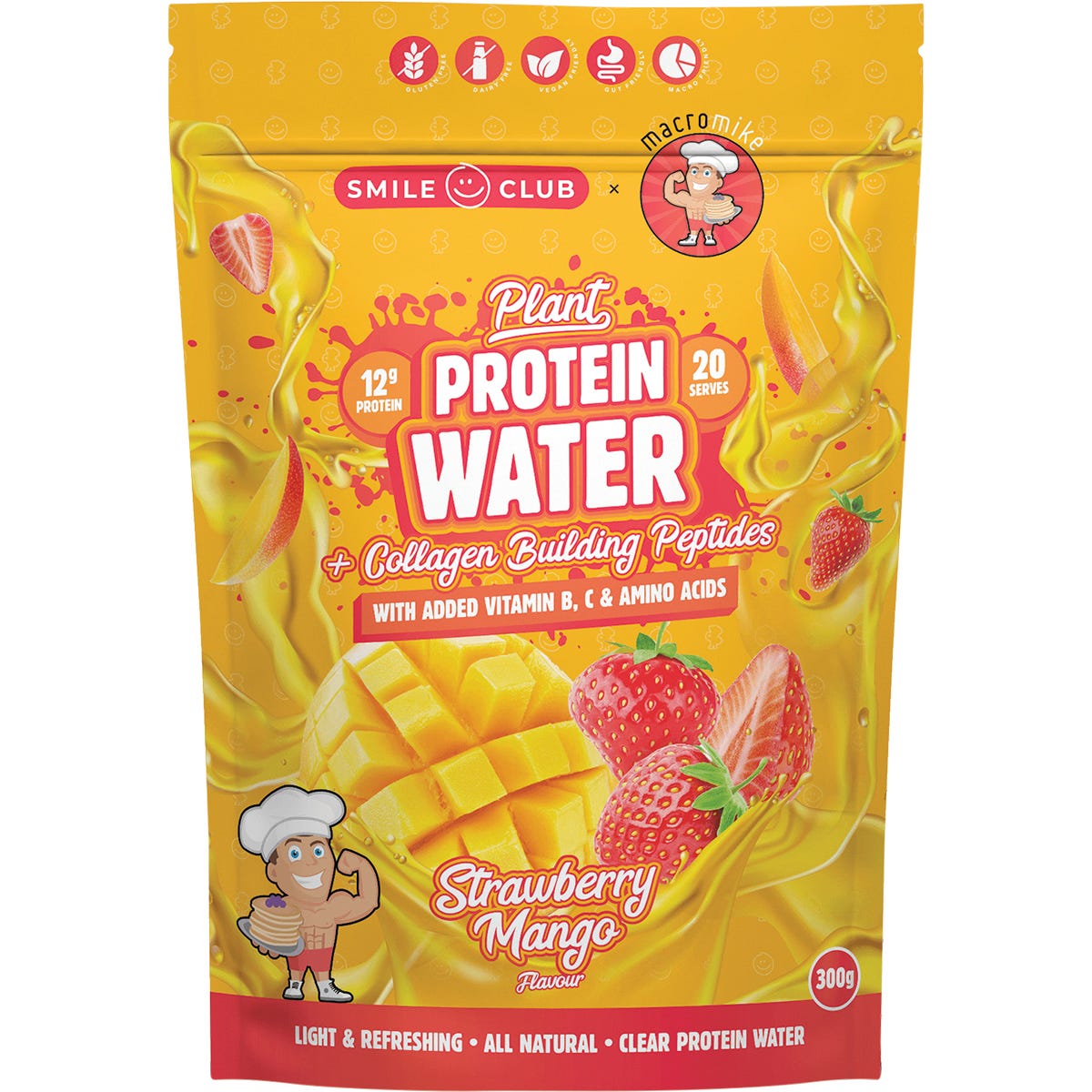 300g bag of Macro Mike Strawberry Mango Plant Protein Water with a pink and orange label on a white background.