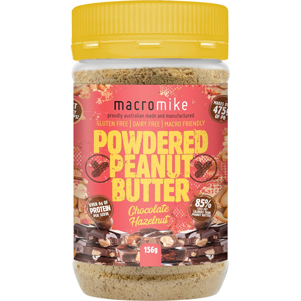 Macro Mike Chocolate Hazelnut Powdered Peanut Butter 156g jar with a brown and gold label on a white background.