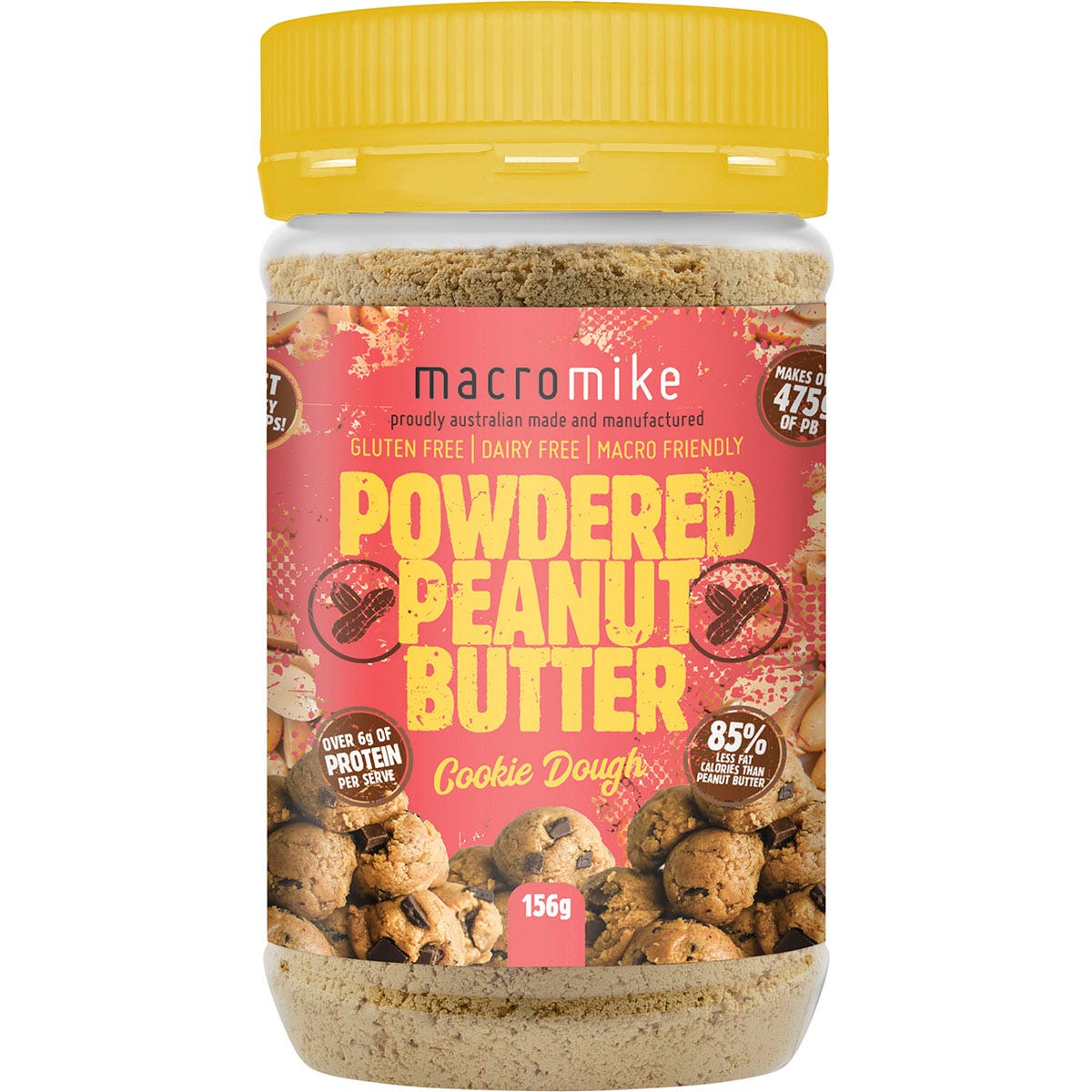 156g jar of Macro Mike Powdered Peanut Butter in Cookie Dough flavor with a tan and teal label on a white background.