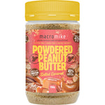 156g jar of Macro Mike Salted Caramel Powdered Peanut Butter featuring a golden label with a blue lid.