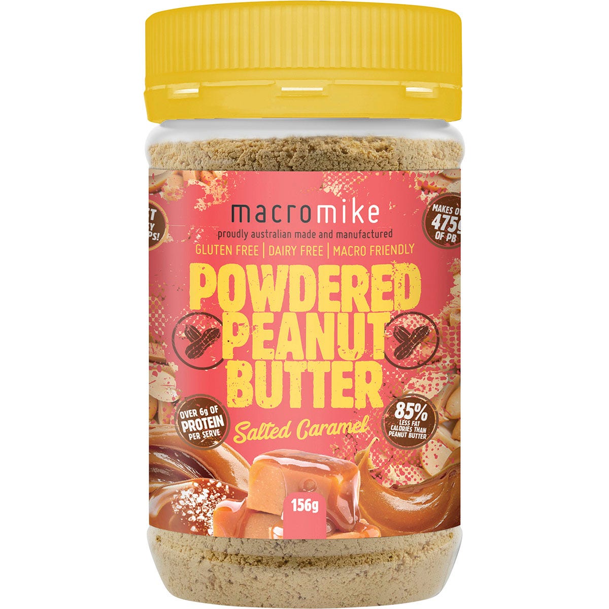 156g jar of Macro Mike Salted Caramel Powdered Peanut Butter featuring a golden label with a blue lid.