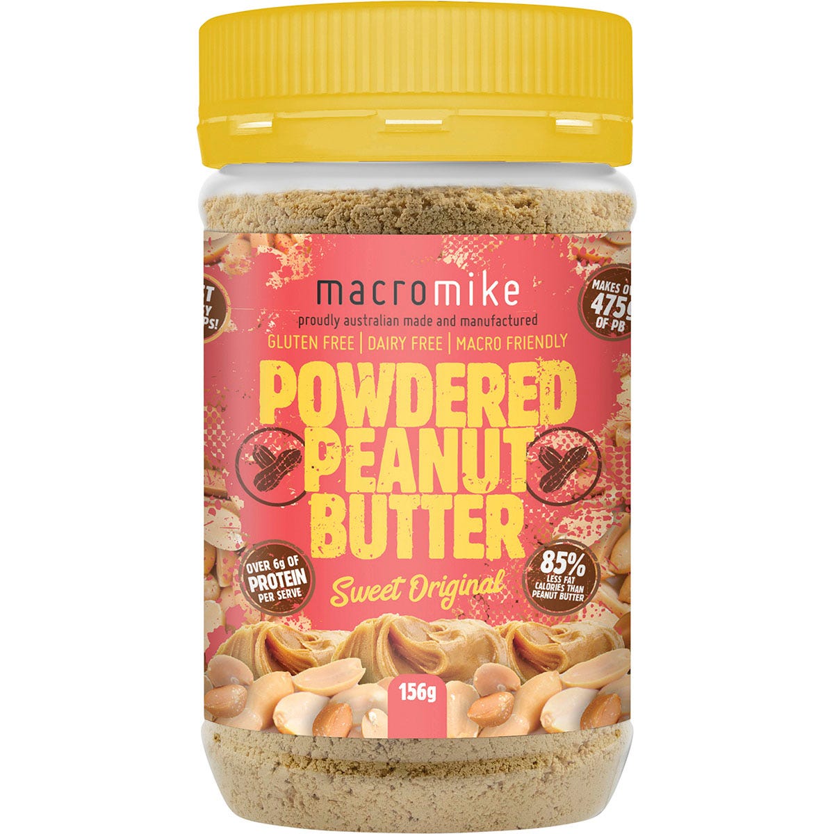 156g jar of Macro Mike Sweet Original Powdered Peanut Butter featuring a yellow label with peanut illustrations.