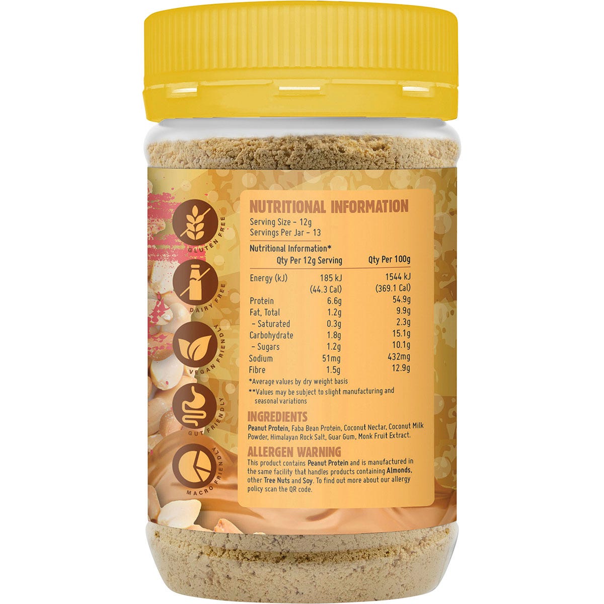 Macro Mike Sweet Original Powdered Peanut Butter jar with a yellow label and peanut illustrations on a white background.