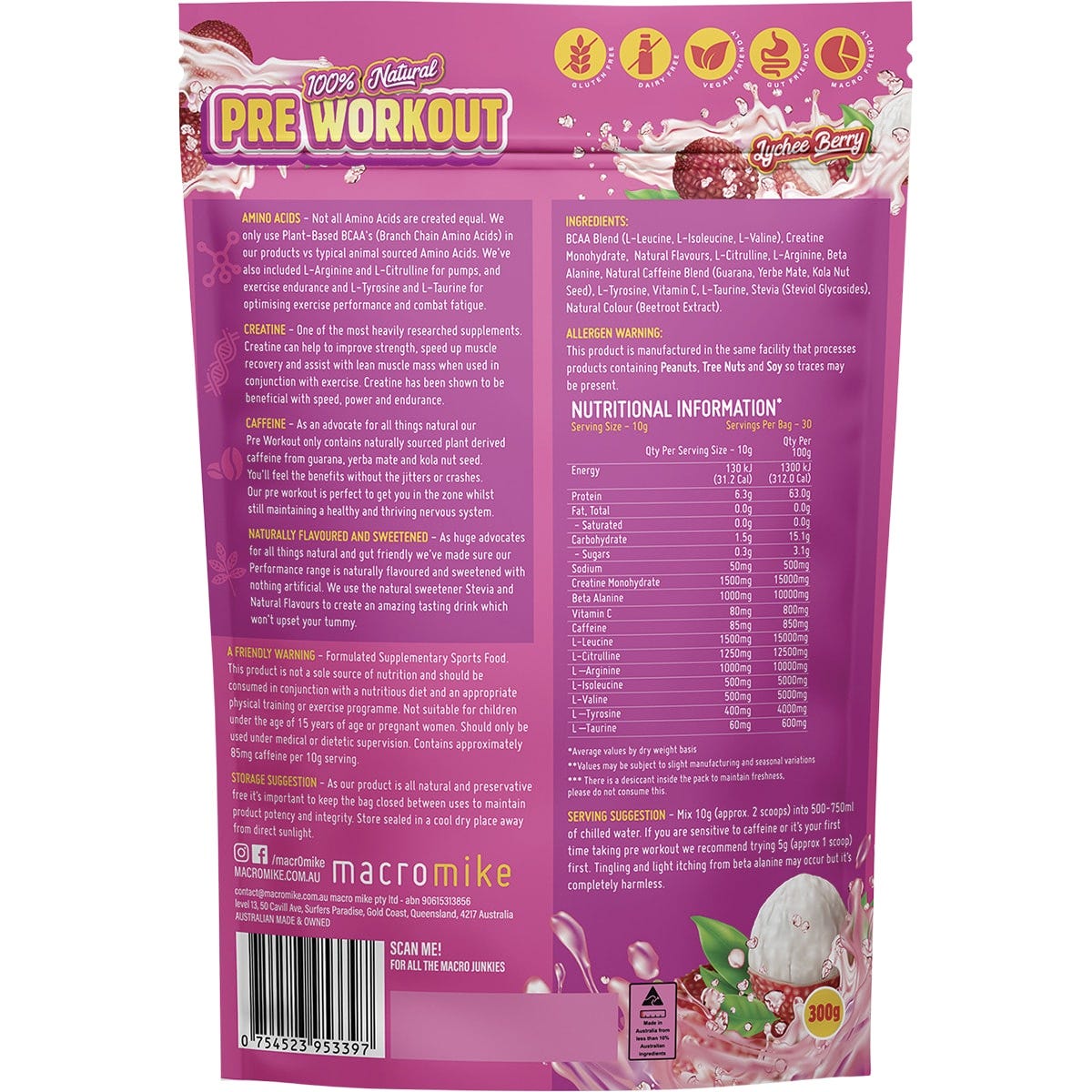 MACRO MIKE Pre Workout Lychee Berry 300g Payless 4 Organics