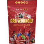 Macro Mike 300g Pre Workout Tropical Mixed Berry bag with botanical illustrations and natural caffeine logos.