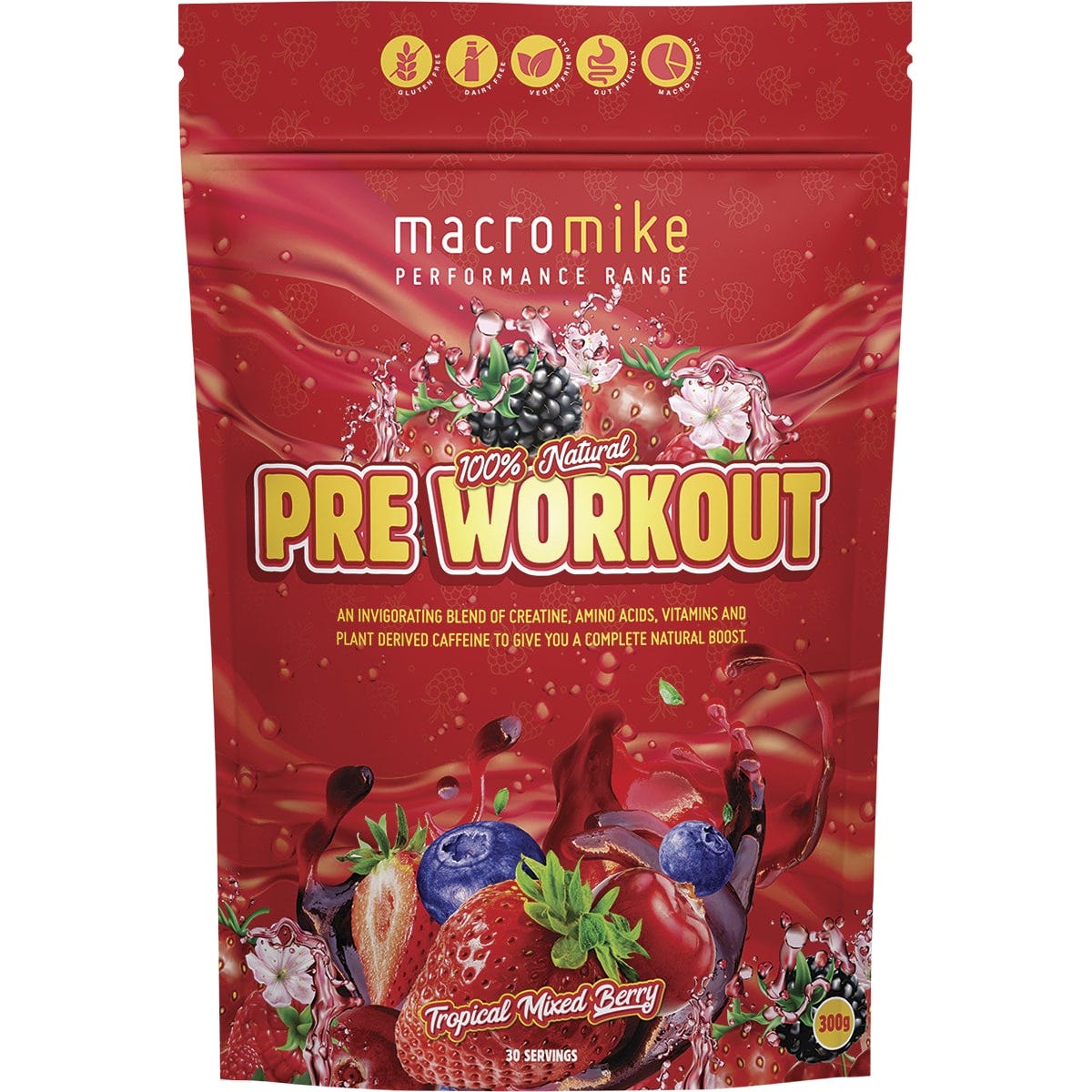 Macro Mike 300g Pre Workout Tropical Mixed Berry bag with botanical illustrations and natural caffeine logos.