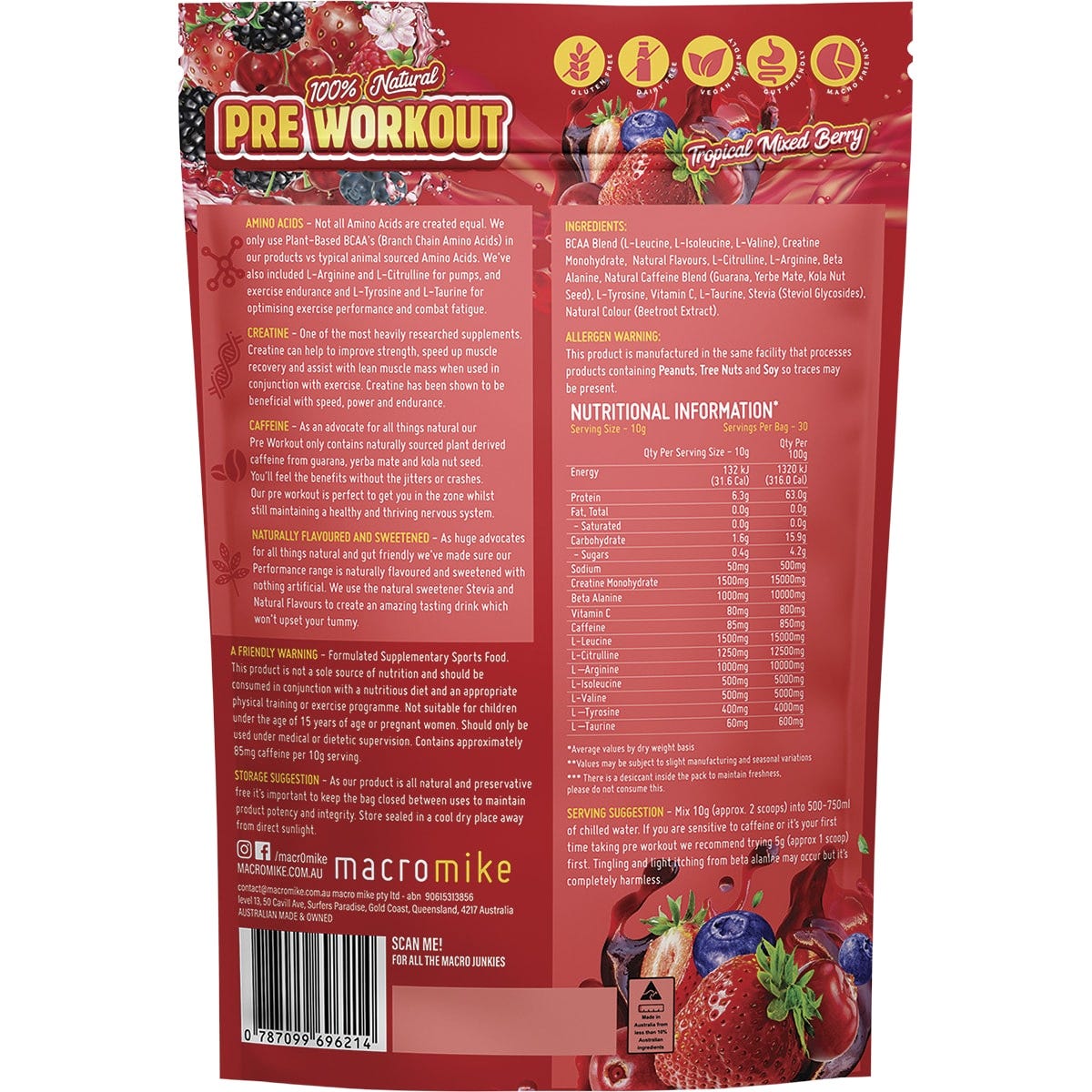 MACRO MIKE Pre Workout Tropical Mixed Berry 300g Payless 4 Organics