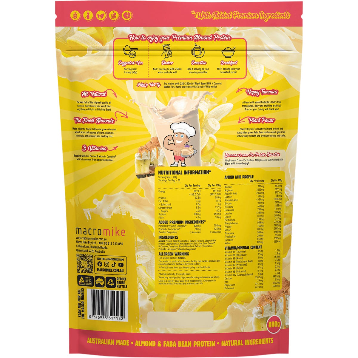 MACRO MIKE Premium Almond Protein Banana Cream Pie 800g Payless 4 Organics