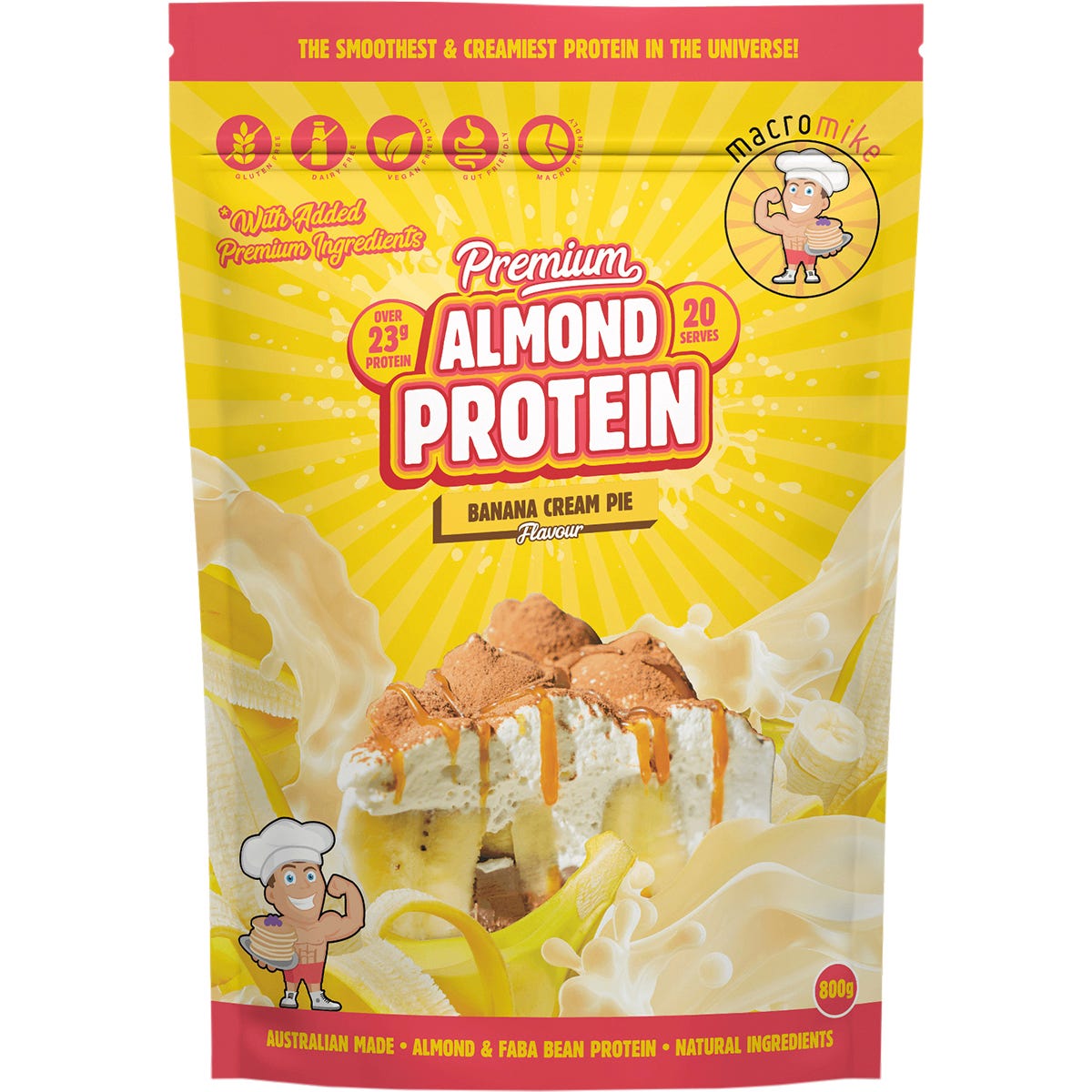 800g bag of Macro Mike Banana Cream Pie Premium Almond Protein with a yellow and white tropical label.