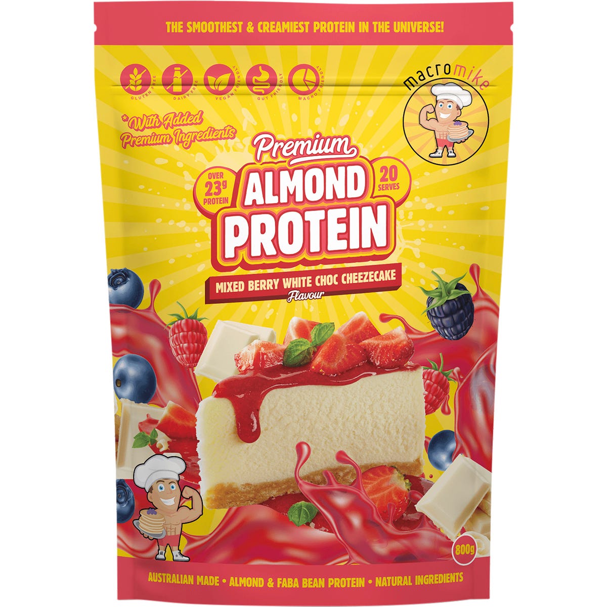 800g bag of Macro Mike Berry White Choc Cheezecake Premium Almond Protein with berry and white chocolate illustrations.