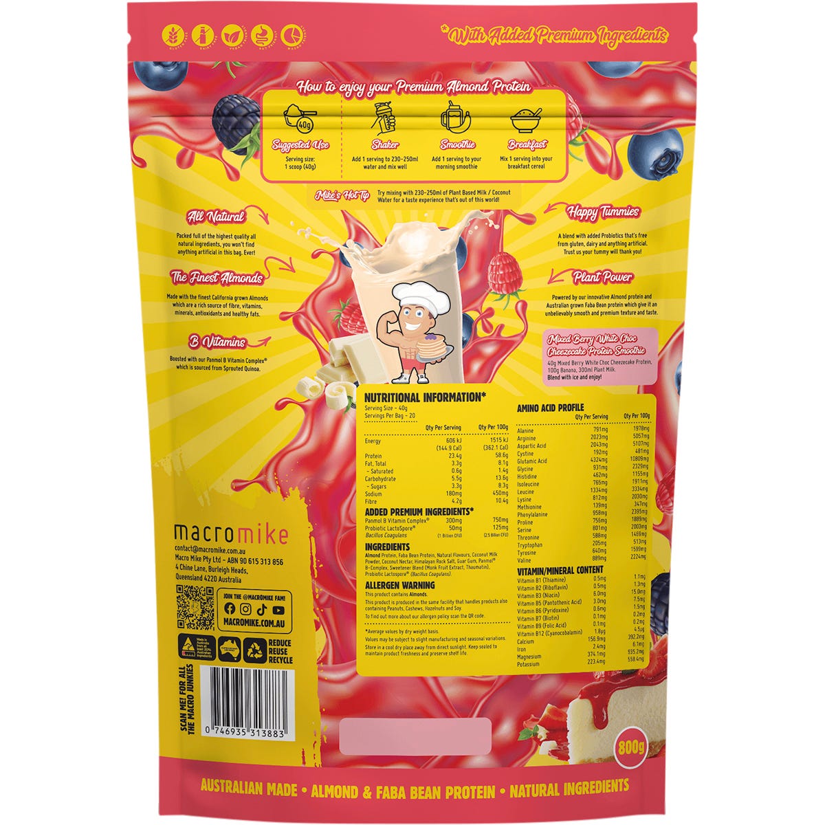 800g bag of Macro Mike Berry White Choc Cheezecake Premium Almond Protein against a white background.