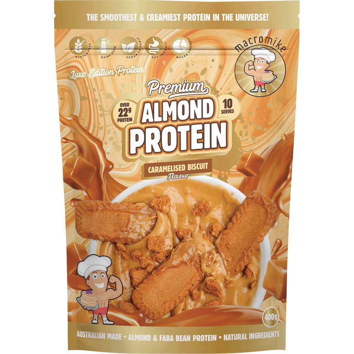 400g bag of Macro Mike Caramelised Biscuit Premium Almond Protein with a scoop and biscuit illustrations.