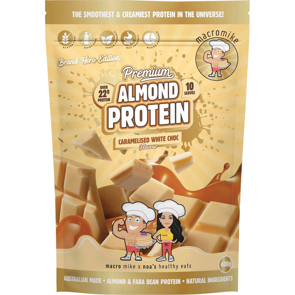 Macro Mike x Noa's Healthy Eats Caramelised White Choc Premium Almond Protein 400g bag on a white background.
