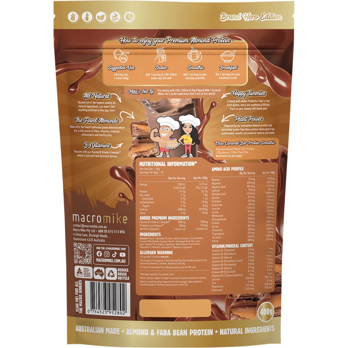 Back of a 400g bag of Macro Mike Choc Caramel Bar Almond Protein showing nutritional facts and ingredients.