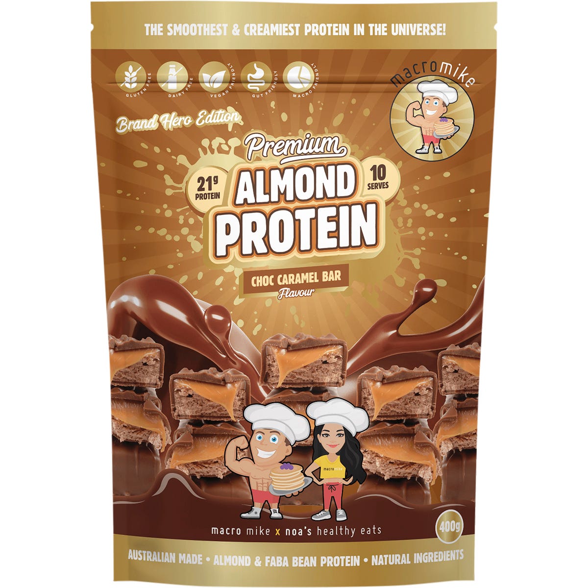 400g bag of Macro Mike x Noa's Healthy Eats Premium Almond Protein in Choc Caramel Bar flavor.