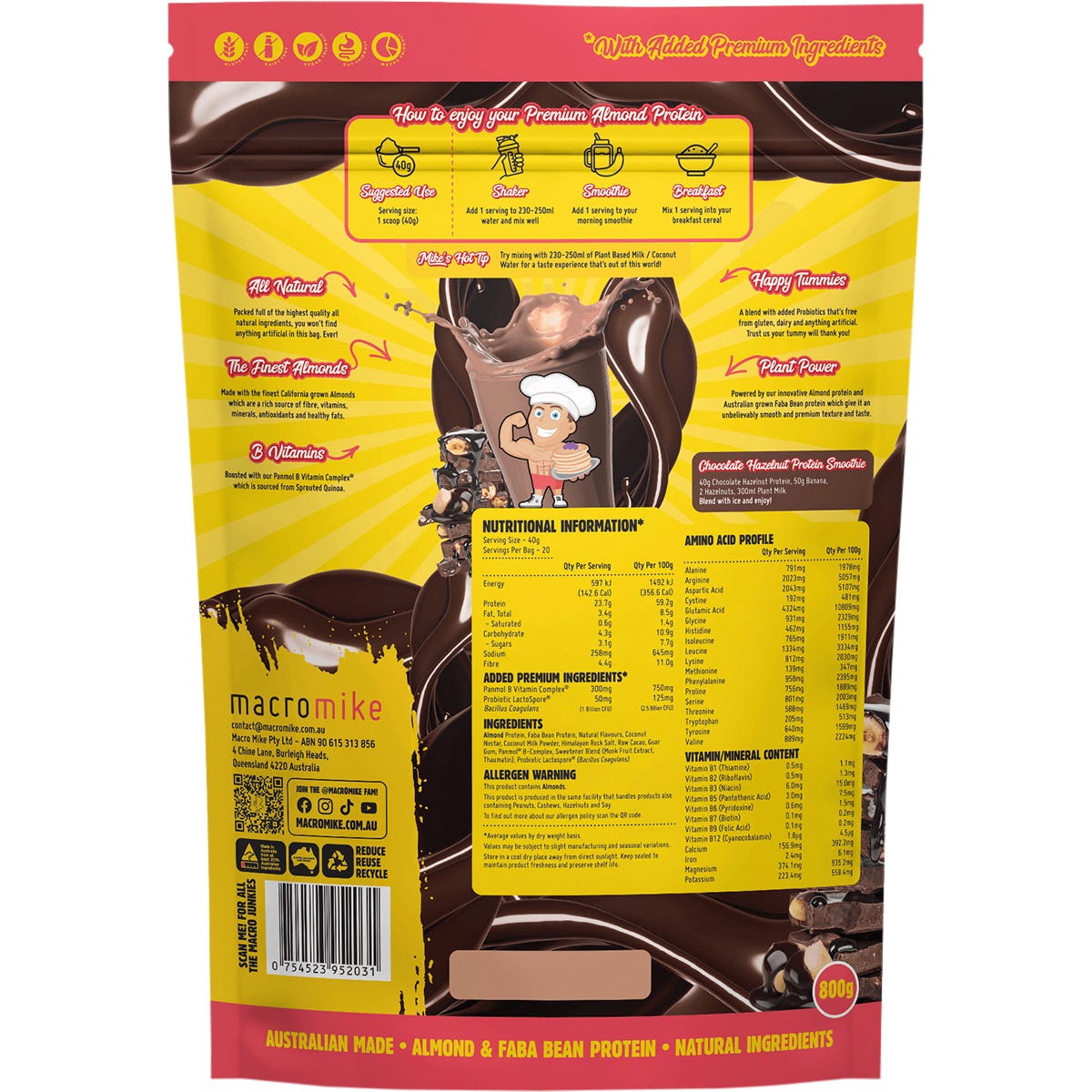 MACRO MIKE Premium Almond Protein Choc Hazelnut 800g Payless 4 Organics