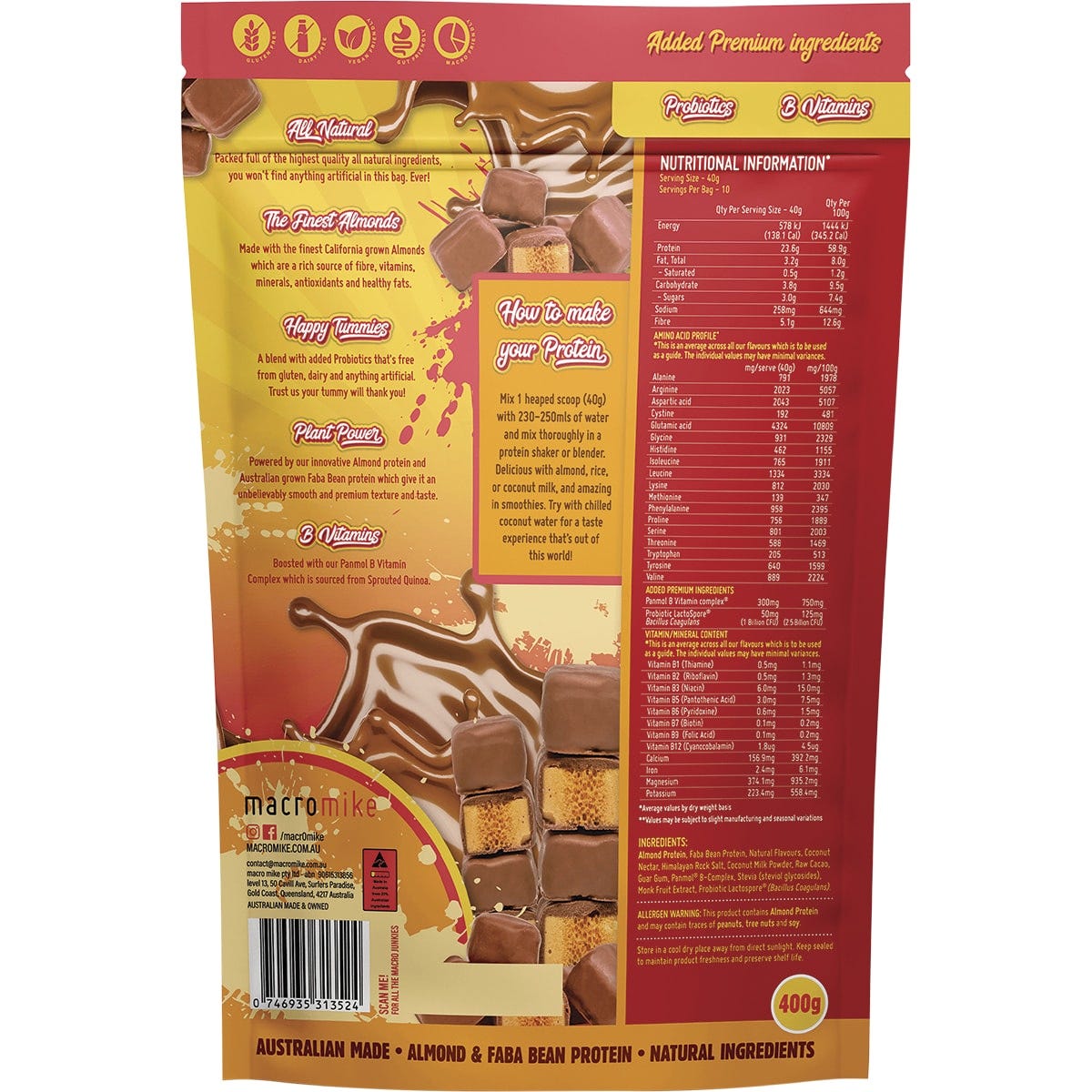 MACRO MIKE Premium Almond Protein Choc Honeycomb 400g Payless 4 Organics
