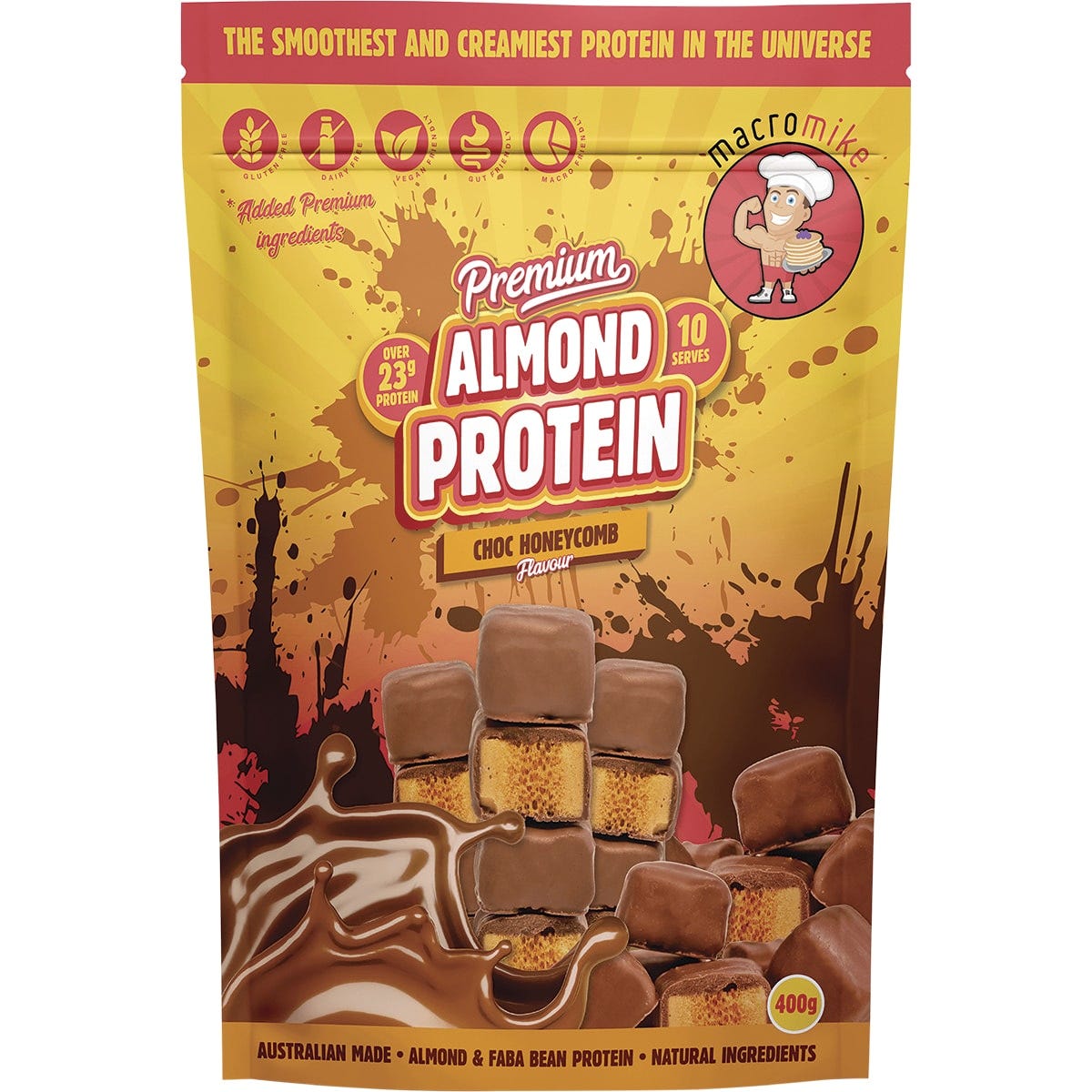 400g bag of Macro Mike Choc Honeycomb Premium Almond Protein with a smooth and creamy plant-based formula.