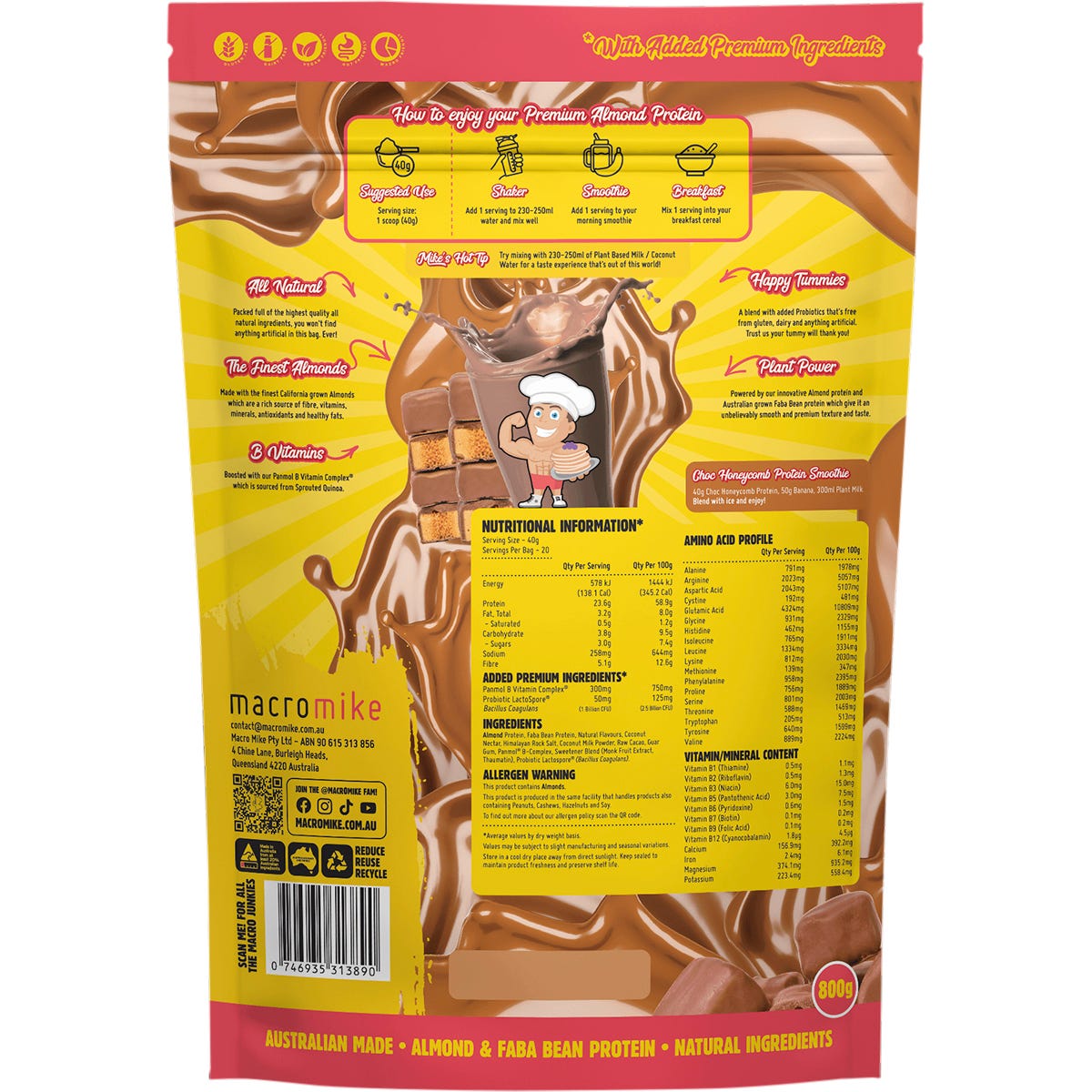 Macro Mike 800g Choc Honeycomb Premium Almond Protein bag with honeycomb and chocolate graphics.