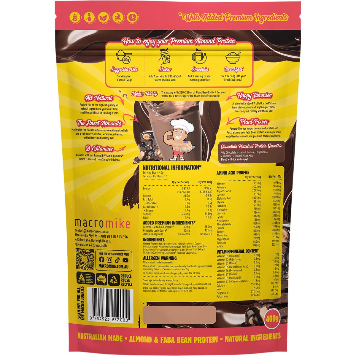 Macro Mike 400g Chocolate Hazelnut Premium Almond Protein bag shown from the back with nutrition and ingredient details.