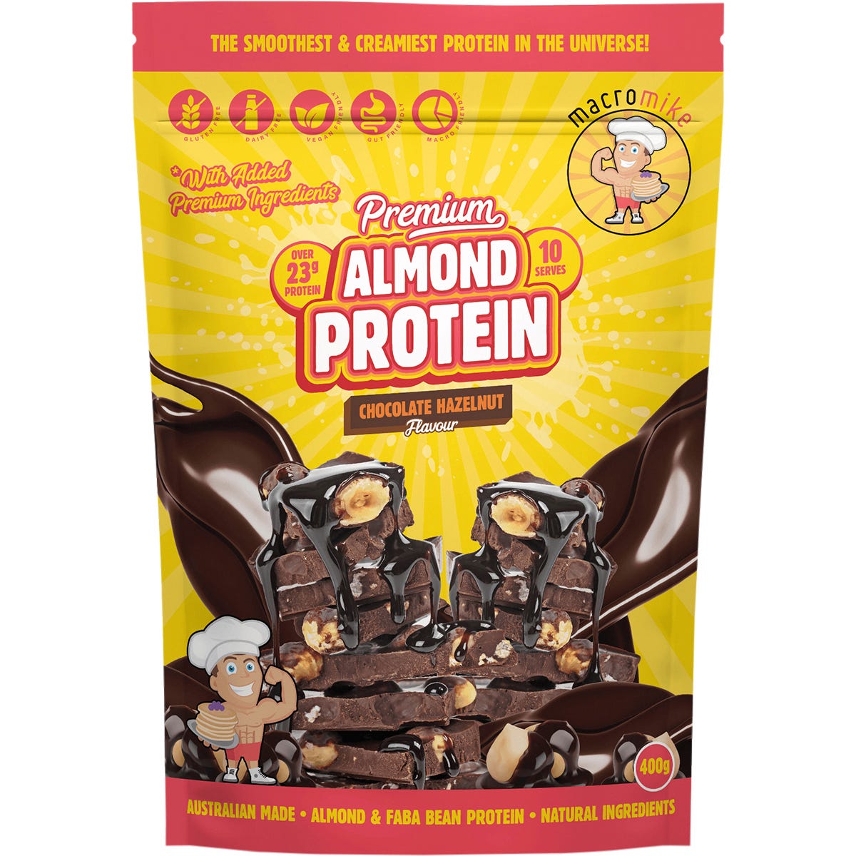 Macro Mike 400g Chocolate Hazelnut Premium Almond Protein bag featuring a scoop and creamy texture illustration.