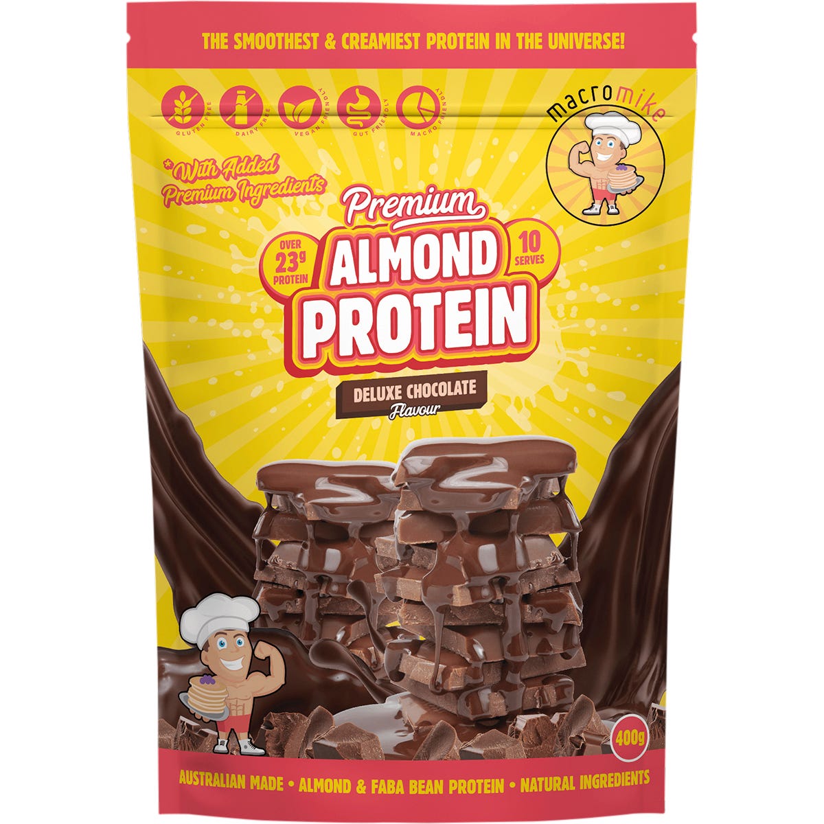400g bag of Macro Mike Premium Almond Protein in Deluxe Chocolate flavor with a creamy chocolate shake illustration.