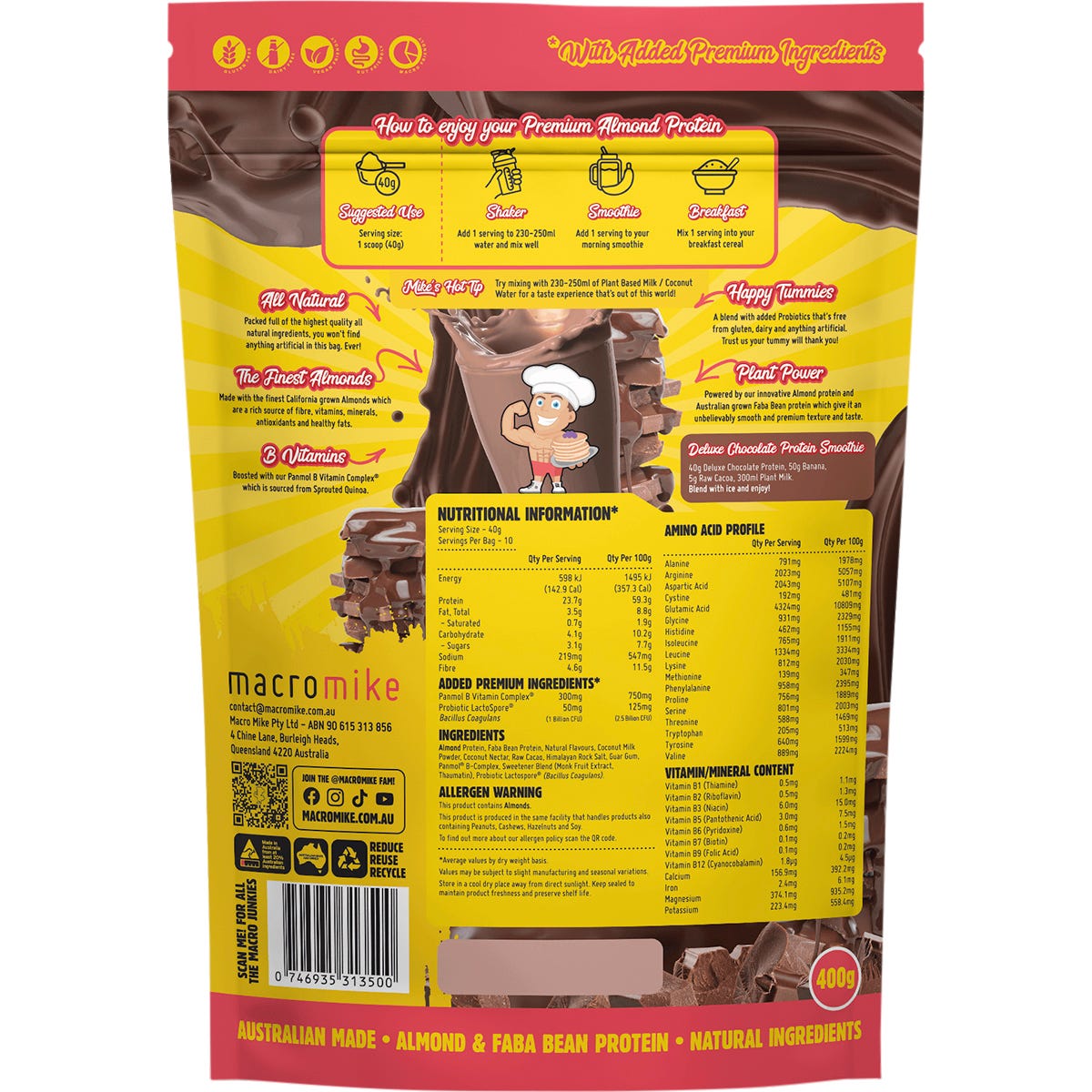 Back of Macro Mike Deluxe Chocolate Almond Protein 400g bag showing ingredients and nutritional facts.
