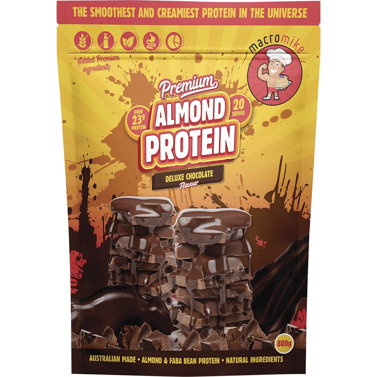 800g bag of Macro Mike Premium Almond Protein in Deluxe Chocolate flavor with a smooth and creamy texture.
