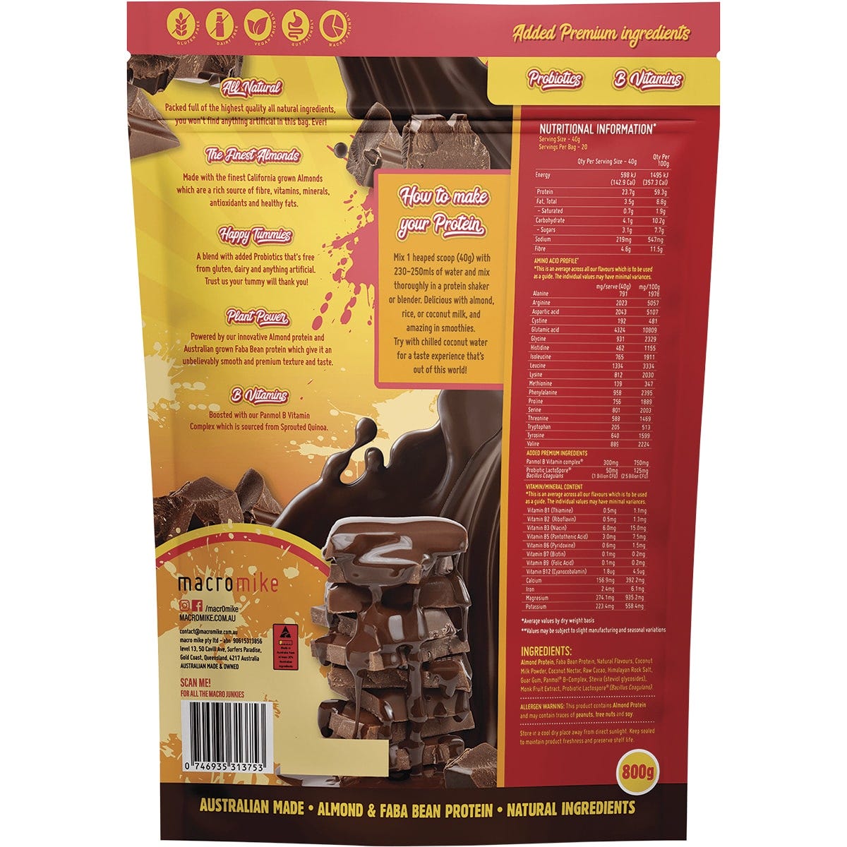 Back of Macro Mike Deluxe Chocolate Almond Protein 800g bag with nutrition facts, ingredients, and amino acid profile.