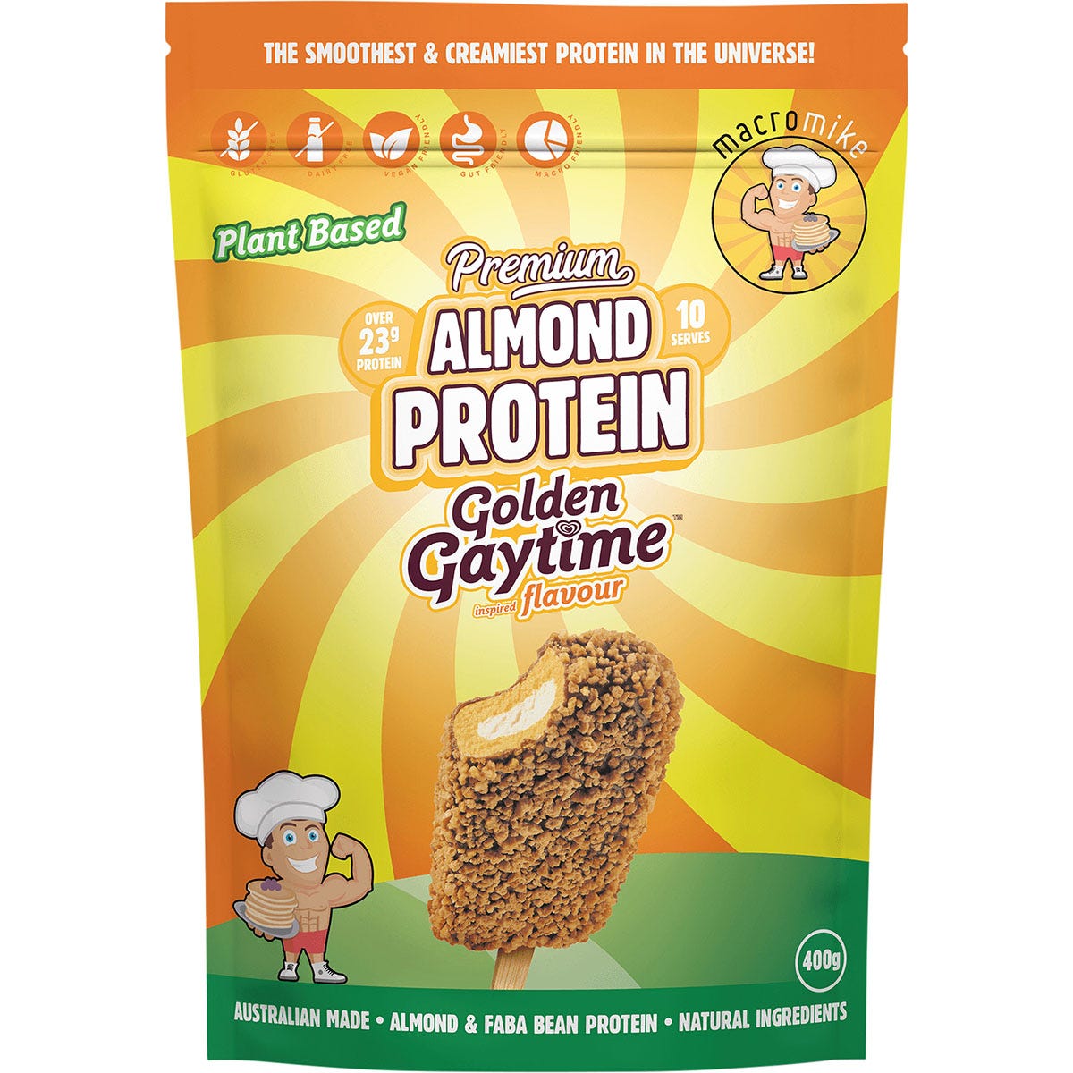 Macro Mike Premium Almond Protein Golden Gaytime 400g bag with a gold and brown label on a white background.