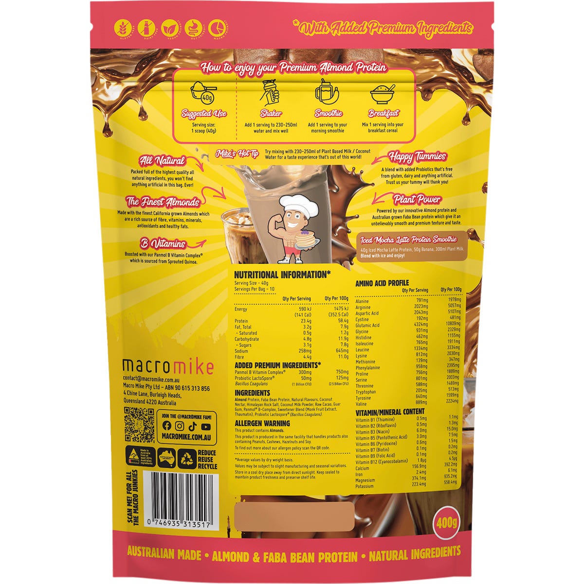Macro Mike Premium Almond Protein Iced Mocha Latte 400g bag with brown and white illustrations on a white background.