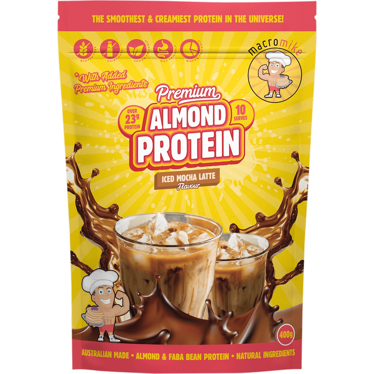 400g bag of Macro Mike Premium Almond Protein Iced Mocha Latte with a brown and white illustrated label.