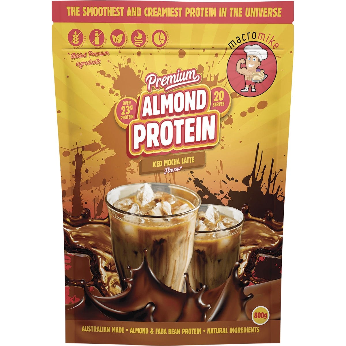 800g bag of Macro Mike Iced Mocha Latte Premium Almond Protein with a coffee cup and bean illustrations.