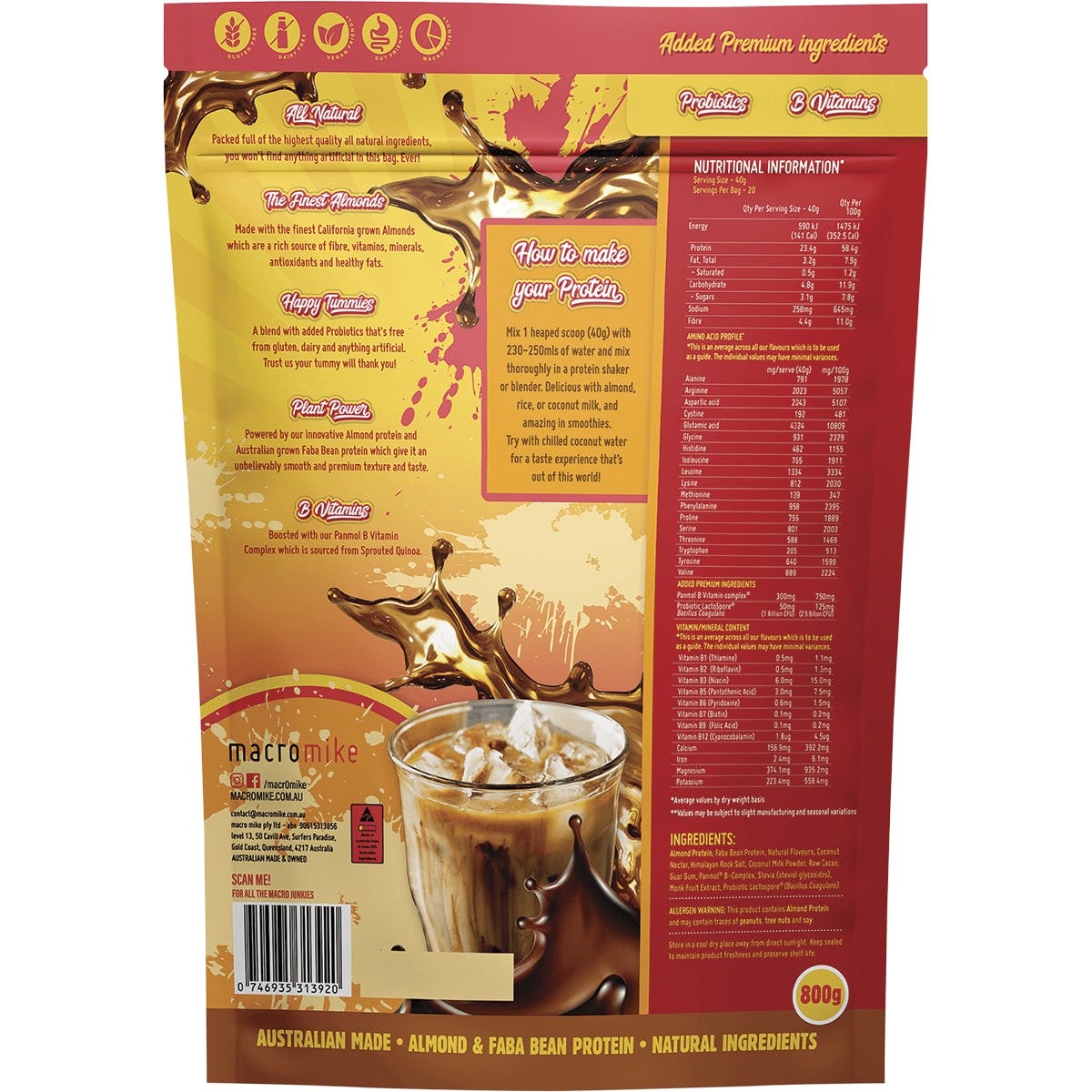 800g bag of Macro Mike Iced Mocha Latte Premium Almond Protein shown from the back with nutritional information.