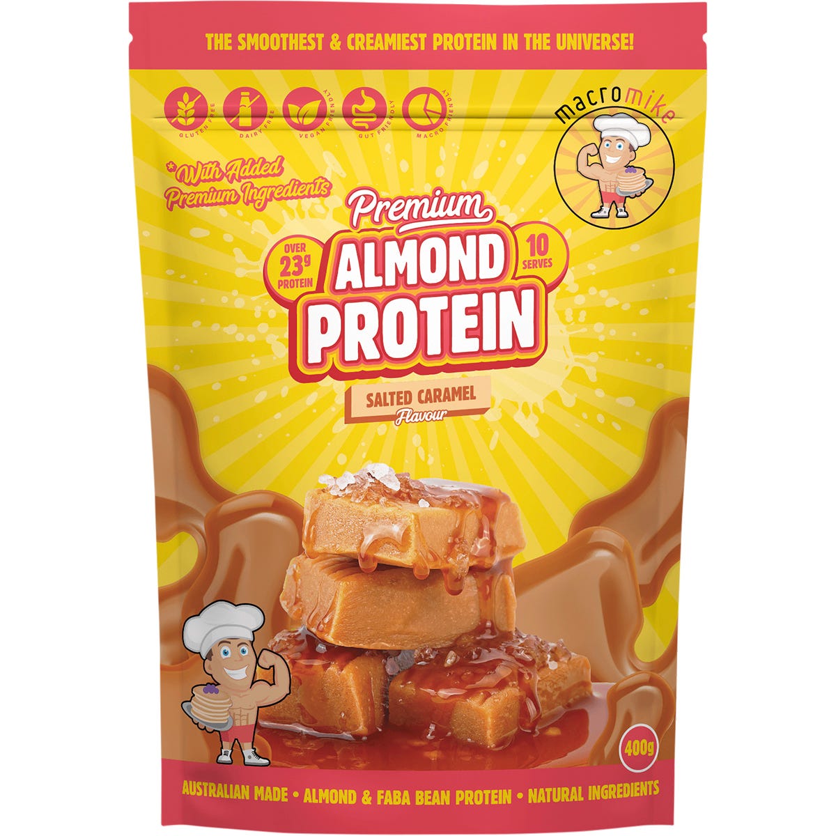 400g bag of Macro Mike Salted Caramel Premium Almond Protein with a purple and gold label on a white background.