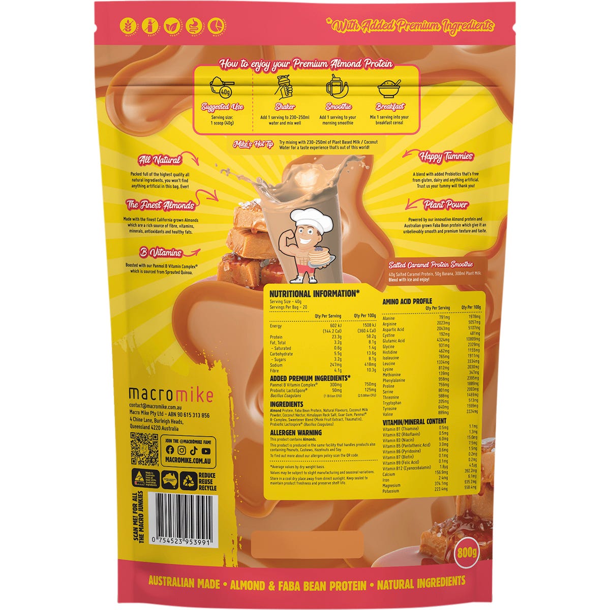 800g bag of Macro Mike Salted Caramel Premium Almond Protein on a white background.