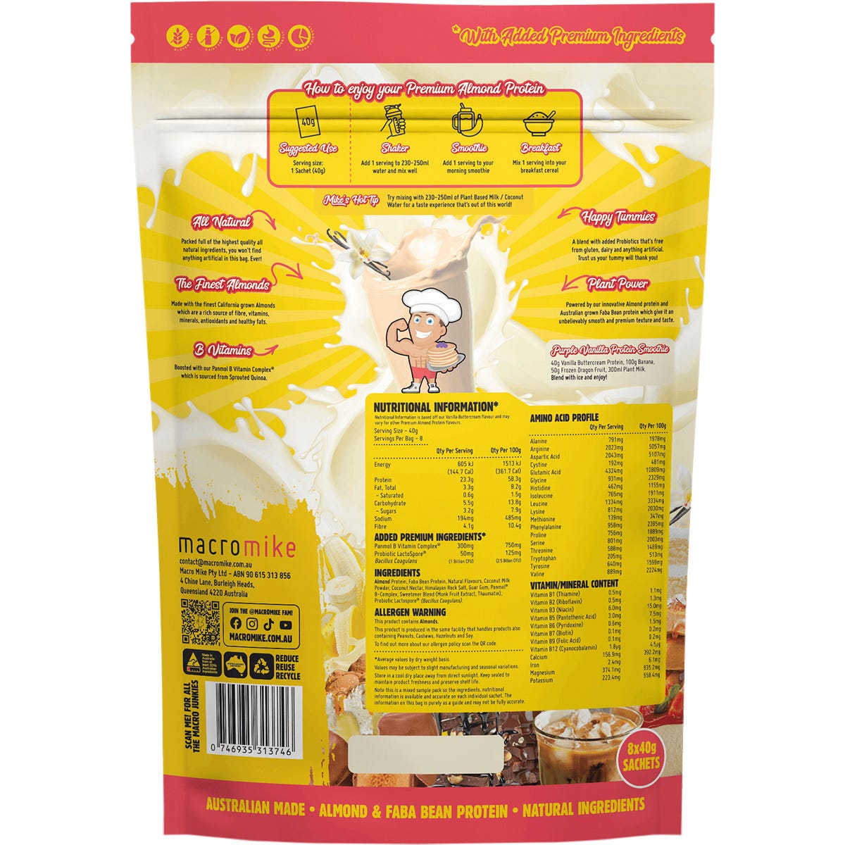 MACRO MIKE Premium Almond Protein Sample Pack 40g (Pack of 8) Payless 4 Organics