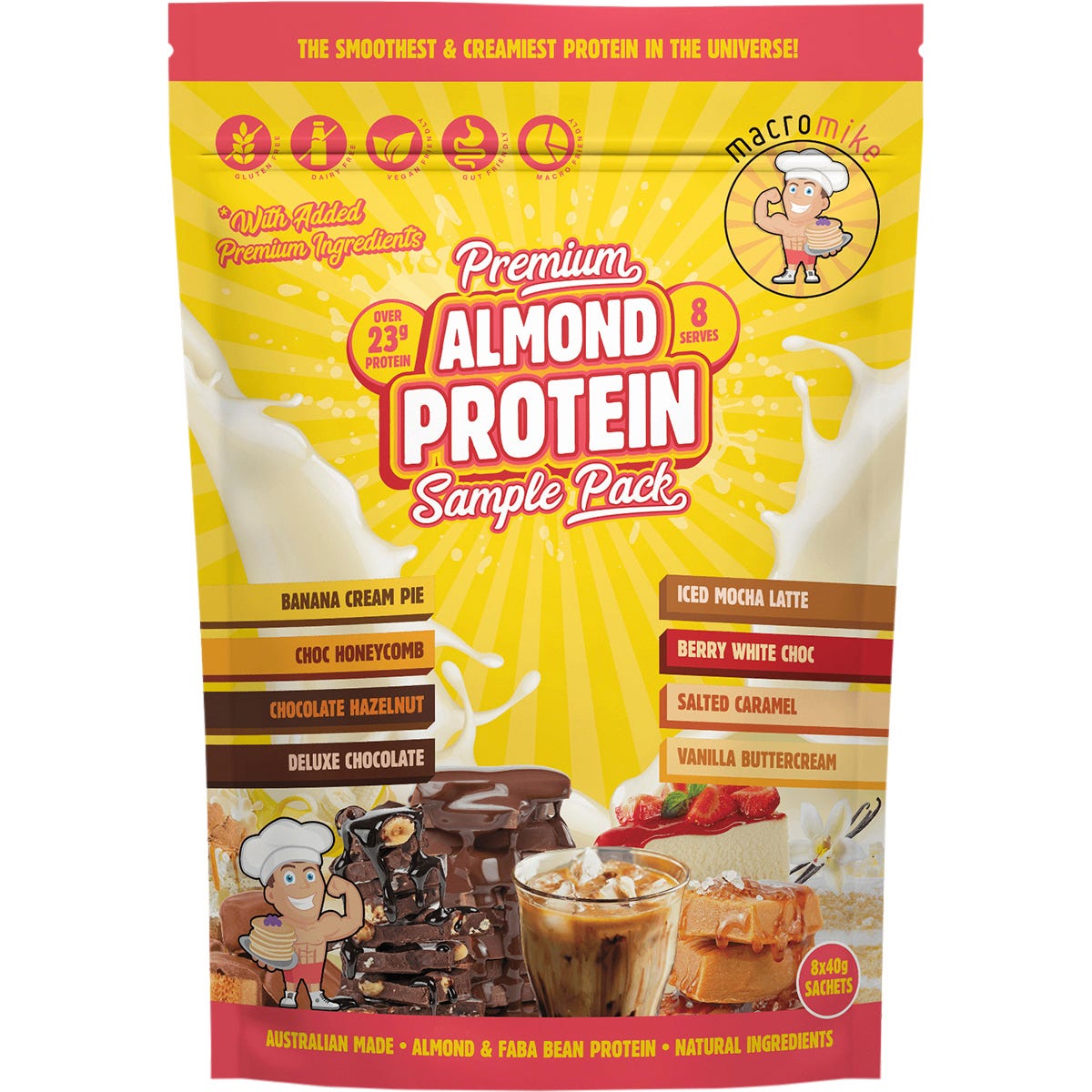 Eight 40g sample sachets of Macro Mike Premium Almond Protein in various flavors, arranged on a white background.