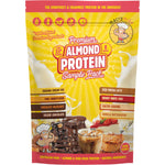 Eight 40g sample sachets of Macro Mike Premium Almond Protein in various flavors, arranged on a white background.