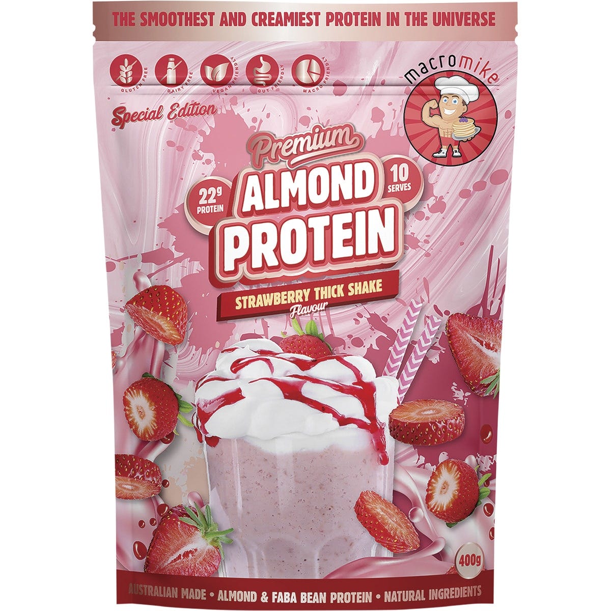 400g bag of Macro Mike Strawberry Thick Shake Premium Almond Protein with a pink and white label.